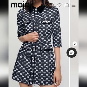 Maje Mini Dress Size 34 Button Front Blue With White Bows XS